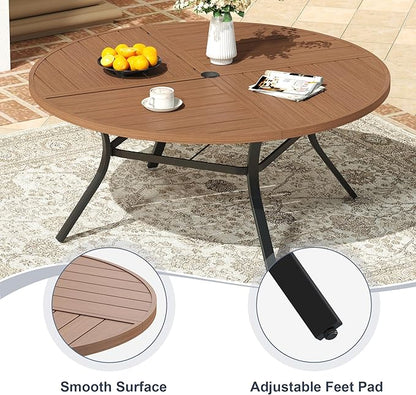 VICLLAX 63" Round Patio Dining Table for 8-10, All Weather Metal Outdoor Table with 1.57" Umbrella Hole and Surdy Frame for Garden Lawn Deck, Walnut