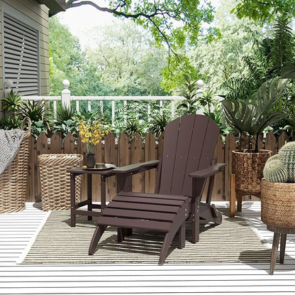 WestinTrends Malibu Outdoor Lounge Chairs, 3-Pieces Adirondack Chair Set with Ottoman and Side Table, All Weather Poly Lumber Patio Lawn Folding Chair for Outside Pool Garden Backyard, Dark Brown