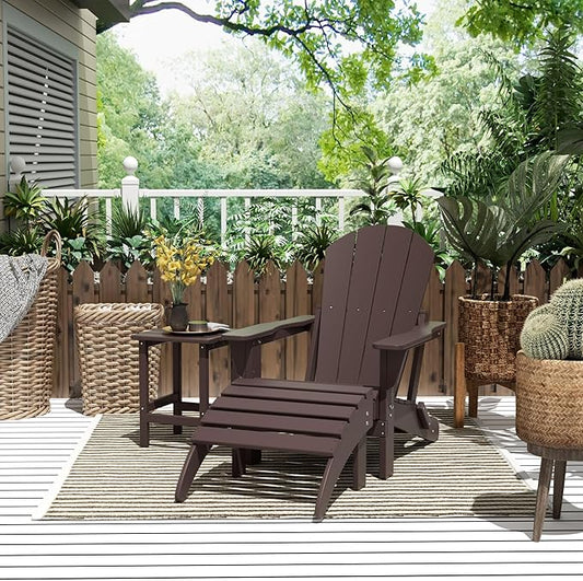 WestinTrends Malibu Outdoor Lounge Chairs, 3-Pieces Adirondack Chair Set with Ottoman and Side Table, All Weather Poly Lumber Patio Lawn Folding Chair for Outside Pool Garden Backyard, Dark Brown
