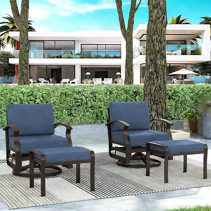Gotland 4 Piece Patio Set, Metal Outdoor Swivel Chairs Set of 2 with 2 Ottoman 5.1’’ High-Resilience Seat Cushions Removable Cushions, Aluminum Patio Furniture Set for Lawn, Porch, Balcony, Navy