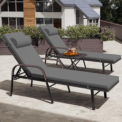 Patio Chaise Lounge Set 3 Pieces Outdoor Lounge Chair with Rattan Adjustable Backrest Armrest and Folding Table for Beach Patio,Sand, for Poolside Backyard Porch