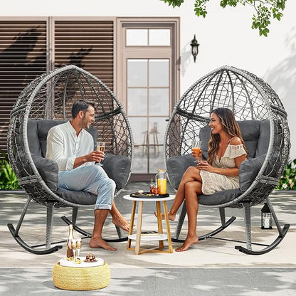 YITAHOME Wicker Rocking Egg Chair with Cushioned Comfort, Patio Rocker 250lb Capacity, Anti-Slip, All-Weather Resilient Rattan Design for Indoor & Outdoor Relaxation Spaces, Grey