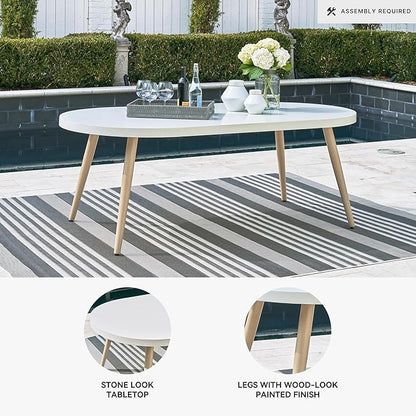 Signature Design by Ashley Seton Creek Casual Aluminum Outdoor Dining Table with Umbrella Hole and Cover Cap, White & Light Brown