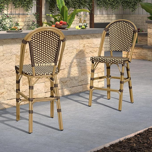 PURPLE LEAF French Bar Stool Set of 4 Bamboo Print Finish Patio Bar Stools with Back Rattan Chairs Wicker Bar Height Stool 30" with Footrest Kitchen Island Stools Outdoor Barstool Brown