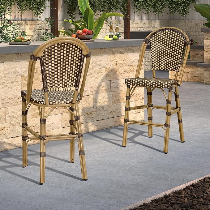 PURPLE LEAF French Bar Stool Set of 2 Bamboo Print Finish Patio Bar Stools with Back Rattan Chairs Wicker Bar Height - Photo 3