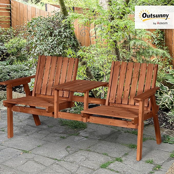 Outsunny Patio Bench, Garden Bench with Middle Table and Umbrella Hole, Wooden Outdoor Bench for Patio, Porch, Poolside, Balcony, Orange