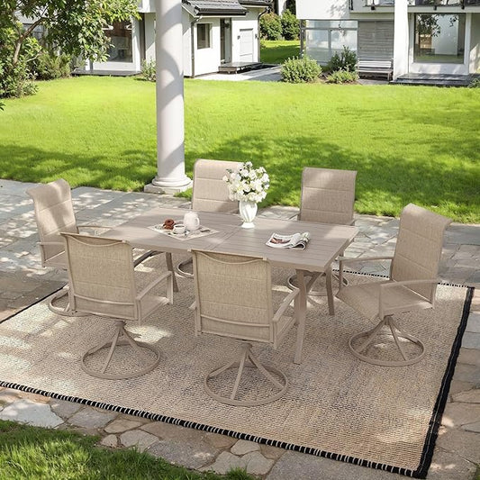 VICLLAX 63" Patio Dining Table for 6, Outdoor Rectangular Metal Table with Umbrella Hole for Porch Backyard Garden Deck, Sandshell