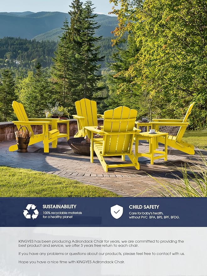 KINGYES Folding Adirondack Chair, HDPE All-Weather Patio Chairs, Wooden Textured Lawn Chair for Poolside, Backyard, Deck, Fire Pit, Yellow