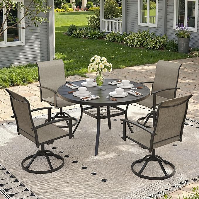 Outdoor Dining Table with Adjustable Umbrella Hole, 40.6" All-Weather Round Patio Dining Table for 4, Metal Patio Table with Storage Shelf for Garden Lawn Porch Deck Yard, Black