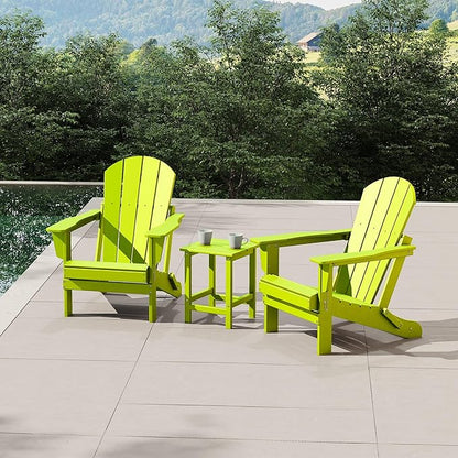 WestinTrends Malibu 3-Pieces Adirondack Chairs Set with Side Table, All Weather Outdoor Seating Plastic Patio Lawn Chair Folding for Outside Porch Deck Backyard, Lime