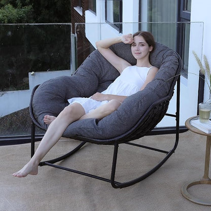Oversized Rattan Rocking Chair Outdoor, Papasan Chair Rocking, Outdoor Rocking Chair with Padded Cushion, Outdoor Wicker Rocking Chair for Front Porch, Garden, Patio (Dark Grey)