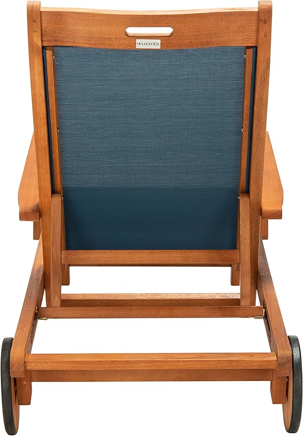 SAFAVIEH Outdoor Collection Kamson Natural Brown Solid Wood/Navy Fabric Adjustable Chaise Lounge Chair (PAT7071B) - Photo 5