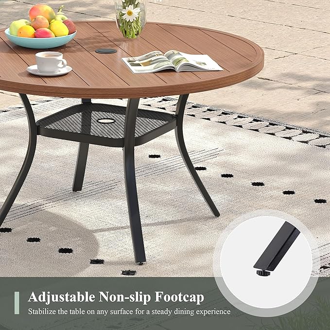 Outdoor Dining Table with Adjustable Umbrella Hole, 40.6" All-Weather Round Patio Dining Table for 4, Metal Patio Table with Storage Shelf for Garden Lawn Porch Deck Yard, Walnut