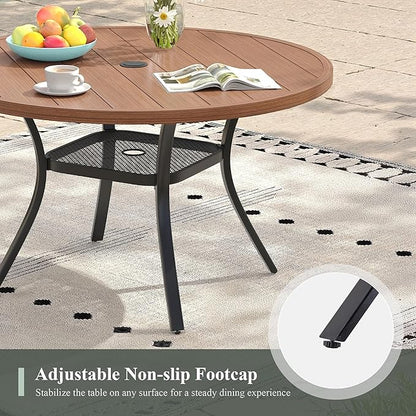 Outdoor Dining Table with Adjustable Umbrella Hole, 40.6" All-Weather Round Patio Dining Table for 4, Metal Patio Table with Storage Shelf for Garden Lawn Porch Deck Yard, Walnut