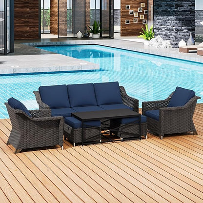 6 Pieces Outdoor Conversation Furniture Set - 77" Patio Sofa, 2 Armchairs, 2 Ottomans, 1 Metal Table, Patio Wicker Couch Set with Washable Cushions for Swimming Pool (Navy Blue)