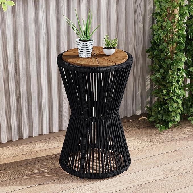 Christopher Knight Home Nara 25.8" Acacia Wood Outdoor Side Table, Hourglass Shaped with Metal Frame+Woven Rope, Outdoor Coffee Table, Garden Plant Stand Indoor, No Assembly Needed, Black+Teak
