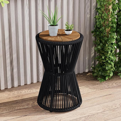 Christopher Knight Home Nara 25.8" Acacia Wood Outdoor Side Table, Hourglass Shaped with Metal Frame+Woven Rope, Outdoor Coffee Table, Garden Plant Stand Indoor, No Assembly Needed, Black+Teak