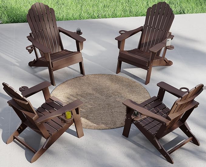 Plawdlik Folding Adirondack Chair Set of 4-with Two Cup Holder,Widened Heavy All-Weather HDPE,SGS Tested,Wooden Textured, Ourdoor Patio Chairs,Coffee