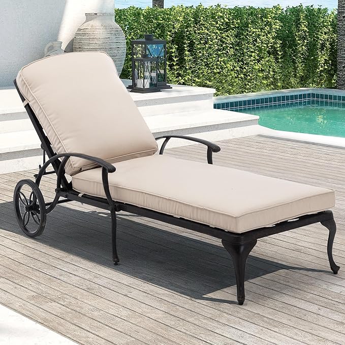 Chaise Lounge Chair Outdoor- Patio Pool Chairs Tanning Lounges for Outside Beach Lounger Cast Aluminum with Beige Cushion 1Pack