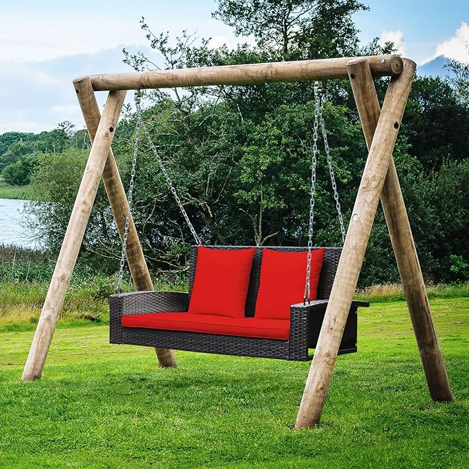 Tangkula 2-Person Wicker Porch Swing, Patiojoy Outdoor Rattan Hanging Swing Bench W/ 2 Back Cushions & 1 Seat Cushion - Photo 2