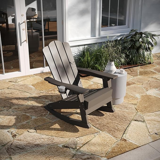 Taylor & Logan Nellis Adirondack Rocking Chair with Cup Holder, Weather Resistant HDPE Adirondack Rocking Chair in Brown