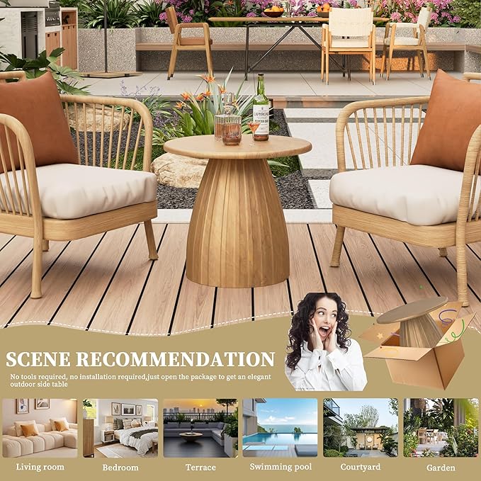 Metal Small Patio Table, Round Outdoor Side Table, Wood Color Outdoor Accent Patio End Table, for Garden, Pool, Deck, Balcony, Yard, Living Room, Weather Resistant, No Assembly