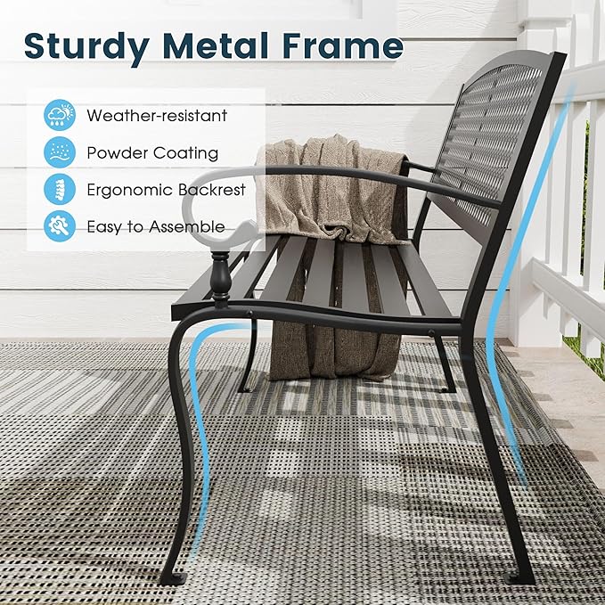 Outdoor Bench, 50 inches Metal Garden Bench, Cast Iron Steel Frame Patio Chairs w/Twist Circle Pattern Backrest for Park - Photo 4