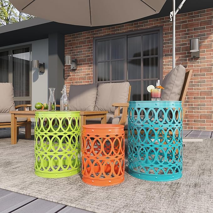 Deco 79 Metal Side End Accent Table Indoor Outdoor Nesting End Table with Carved Trellis Design, Set of 3 Side Table 22", 18", 15"H, Multi Colored