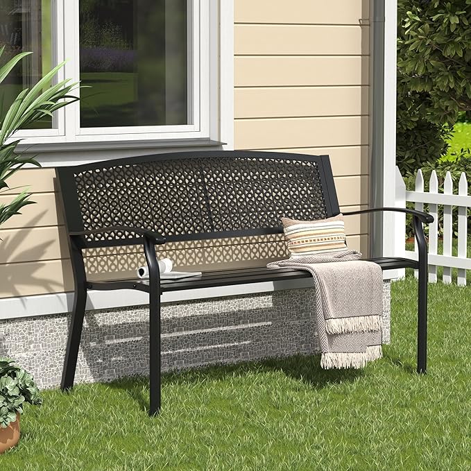 VICLLAX Outdoor Garden Bench, Metal Frame Patio Bench with Oval Design Backrest for Porch Yard Lawn Deck, Black