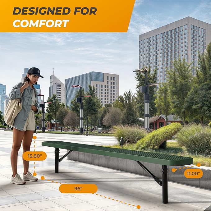 Heavy-Duty Outdoor Metal Bench, Thermoplastic-Coated, Inground, Weatherproof, Commercial-Grade for Parks, Gardens, Patios, Stores & More (8 Ft - Inground, Green)