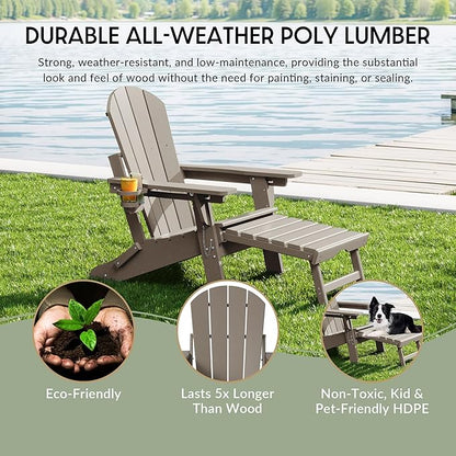 WestinTrends Malibu Folding Adjustable Adirondack Chair with Retractable Ottoman and Cup Holder, Weathered Wood