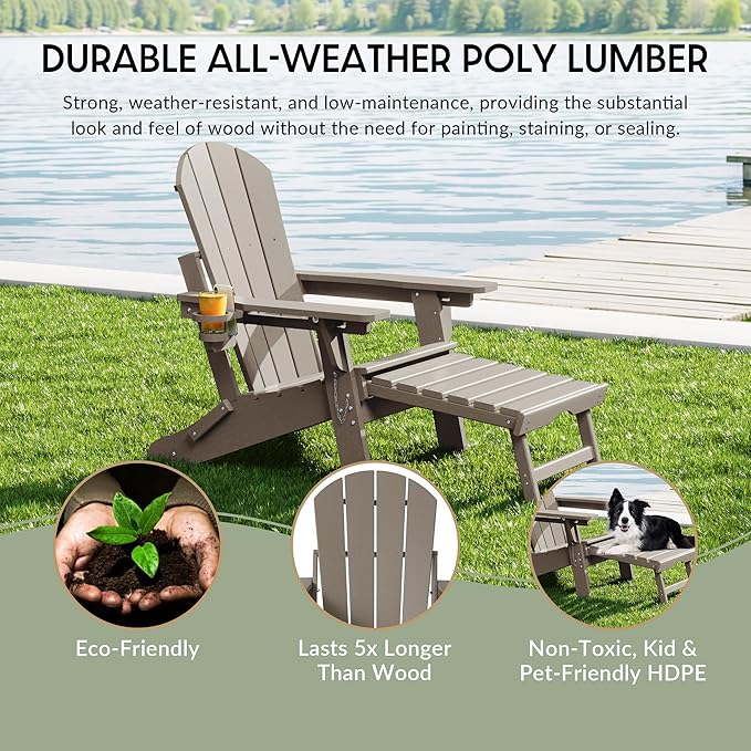 WestinTrends Malibu Folding Adjustable Adirondack Chair with Retractable Ottoman and Cup Holder (Set of 2), Weathered Wood