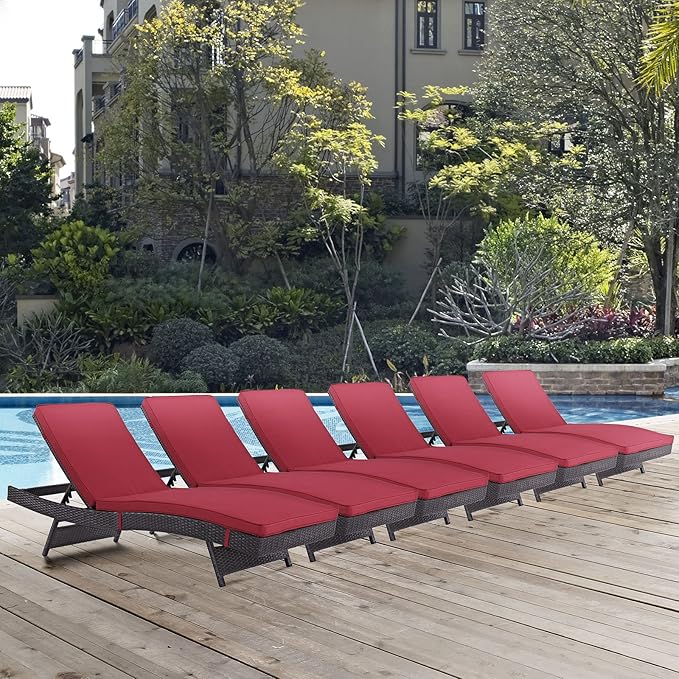 Modway Convene Wicker Rattan Outdoor Patio Chaise Lounge Chairs in Espresso Red - Set of 6 - Photo 2
