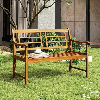 Tangkula Patio Acacia Wood Bench, Wooden 2-Person Outside Chair w/Curved Armrests, Slatted Seat & Backrest, Outdoor Loveseat for Backyard, Balcony, Garden, 800 lbs Max Load