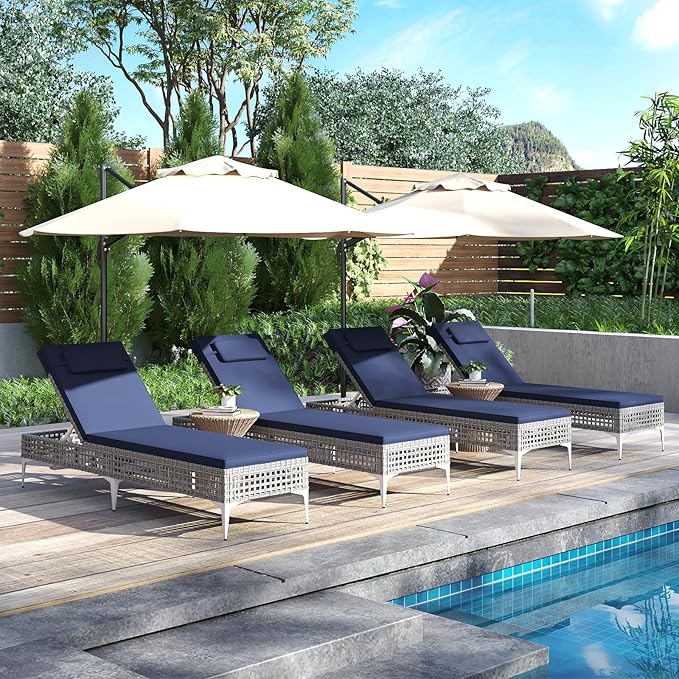 Tangkula Patio Chaise Lounge Chair, PE Wicker Reclining Sun Lounger with 6-Level Adjustable Backrest, Removable Cushion & Headrest, Outdoor Lounge Chair for Poolside, Deck, Backyard (1, Navy)
