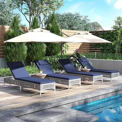 Tangkula Patio Chaise Lounge Chair, PE Wicker Reclining Sun Lounger with 6-Level Adjustable Backrest, Removable Cushion & Headrest, Outdoor Lounge Chair for Poolside, Deck, Backyard (1, Navy)