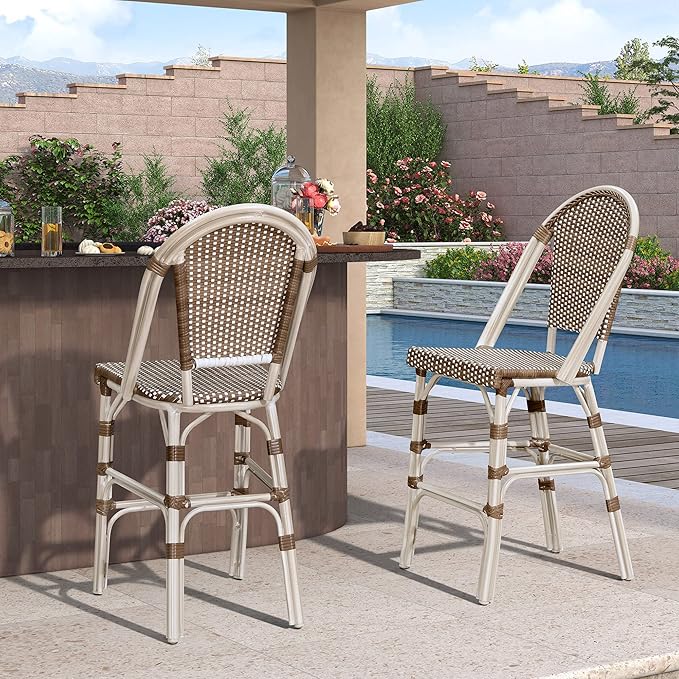 PURPLE LEAF French Bar Stool Set of 4 White Print Finish Patio Bar Stools with Back Rattan Bar Chairs Wicker Bar Height - Photo 2