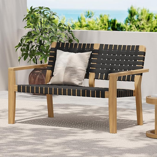 Christopher Knight Home Lenno Patio Loveseat, Acacia Wood Outdoor Bench, Woven Rope Armchair, 2 Seater Bench, Spacious Seating Sofa, Outdoor Acacia Wood Loveseat for Gardern Poolside Porch, Black