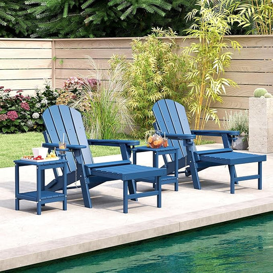 BRIOPAWS Adirondack-Chairs-with-Pull-Out-Footrest | Set of 2 | Folding | HDPE Plastic | Fire Pit Chair | All Weather | Cup Holders | Curved Back | Retractable Ottoman | for Poolside Deck | Blue