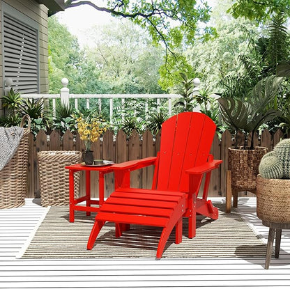 WestinTrends Malibu Outdoor Lounge Chairs, 3-Pieces Adirondack Chair Set with Ottoman and Side Table, All Weather Poly Lumber Patio Lawn Folding Chair for Outside Pool Garden Backyard, Red