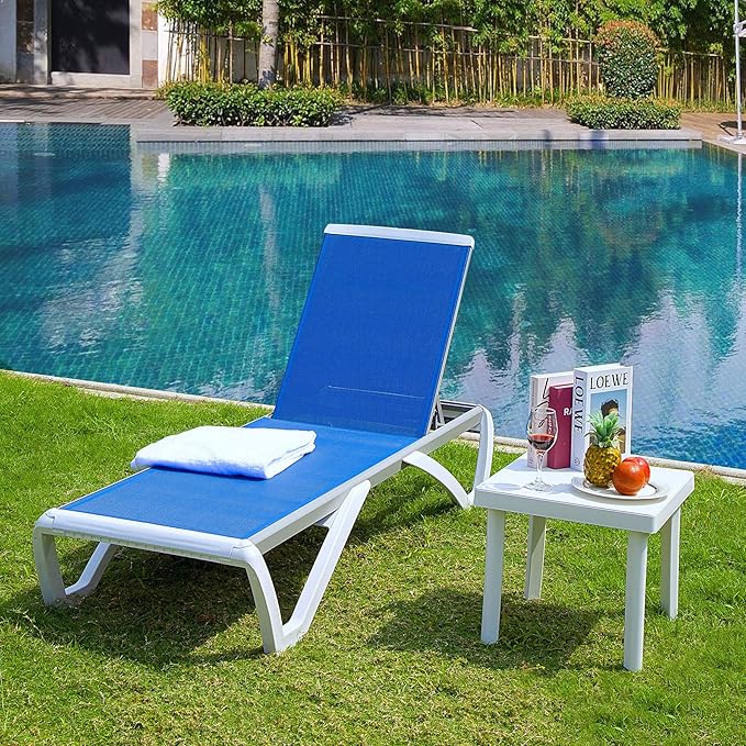 Domi Pool Lounge Chair Aluminum Adjustable Outdoor Chaise Lounge,All Weather Plastic Poolside Lounge Chair with Table for Deck Lawn Backyard, Blue Textilene