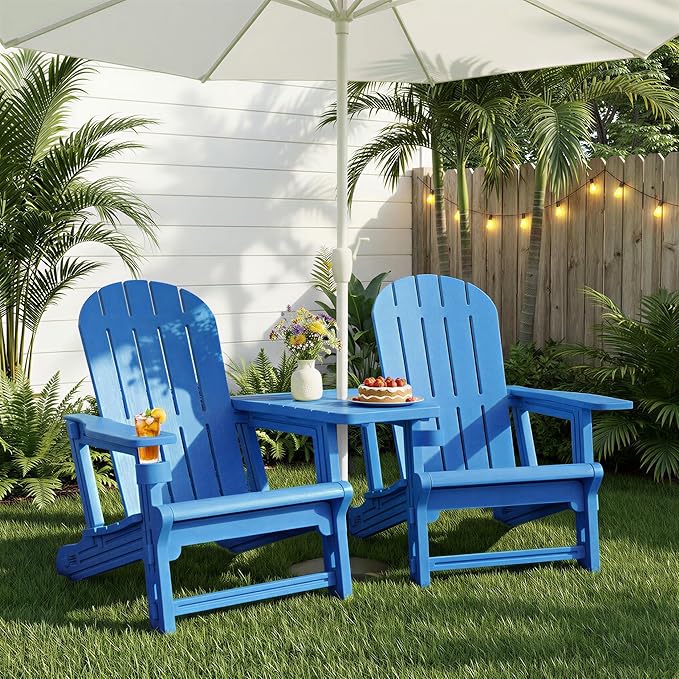 JY QAQA Outdoor Adirondack Chair Set of 2, All-Weather HDPE Patio Furniture with Detachable Table, Wood Texture & Cup Holder for Patio, Poolside, Garden, Blue
