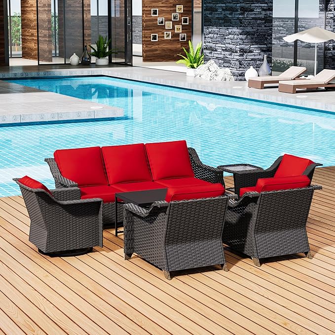 7 Pieces Outdoor Conversation Furniture Set - 77" Patio Sofa, 2 Armchairs, 2 Swivel Glider Chairs, 1 Side Table - Photo 6