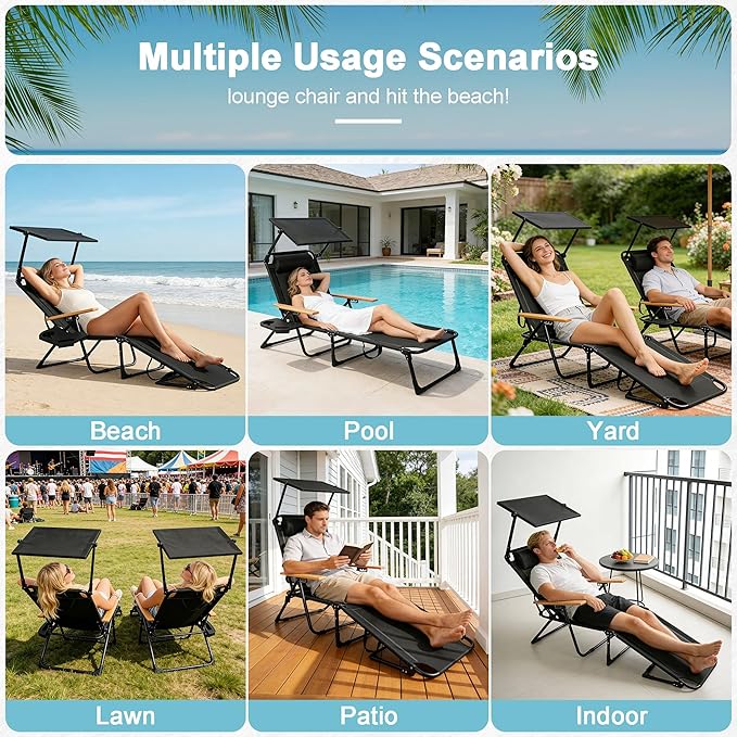 Outdoor Chaise Lounge Chair with 4-Position Adjustable Backrest,Patio Folding Sun Tanning Chair,Pillow & Cup Holder,Portable Recliner Sunbathing Lounger Chairs for Beach Garden (Black with Shade)