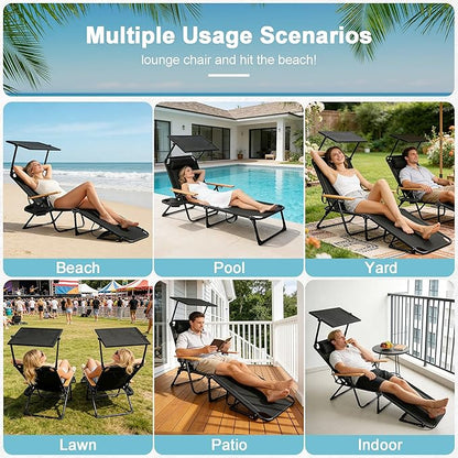 Outdoor Chaise Lounge Chair with 4-Position Adjustable Backrest,Patio Folding Sun Tanning Chair,Pillow & Cup Holder,Portable Recliner Sunbathing Lounger Chairs for Beach Garden (Black with Shade)
