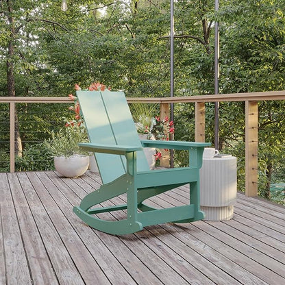 Flash Furniture Finn Modern Commercial Grade Poly Resin Wood Adirondack Rocking Chair - All Weather Sea Foam Polystyrene - Dual Slat Back - Stainless Steel Hardware