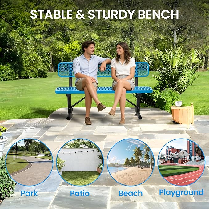 6 FT Steel Park Bench for Outside, Outdoor Bench with Backrest & Portable Frame, Thermoplastic Coating, Commercial Benches for Shopping Mall, Store, Park, Patio, Deck, Blue