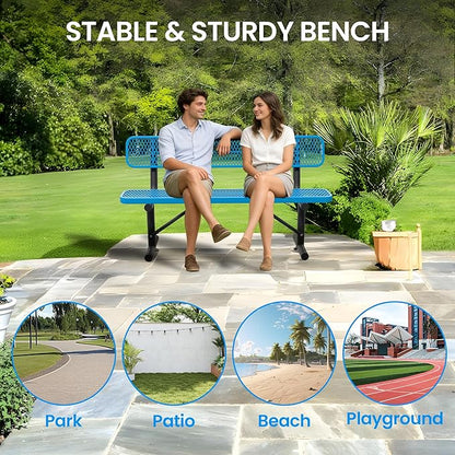 6 FT Steel Park Bench for Outside, Outdoor Bench with Backrest & Portable Frame, Thermoplastic Coating, Commercial Benches for Shopping Mall, Store, Park, Patio, Deck, Blue