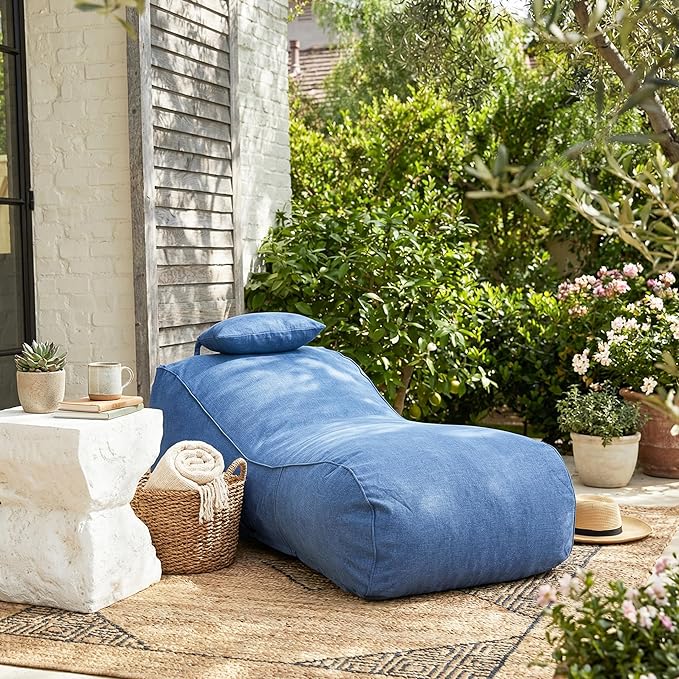 Christopher Knight Home Morton Outdoor Bean Bag Chair, Fabric Bean Bag Chair for Adults and Kids, Indoor/Outdoor Sun Lounger with Headrest, Patio Chaise Lounge Chair, Navy Blue
