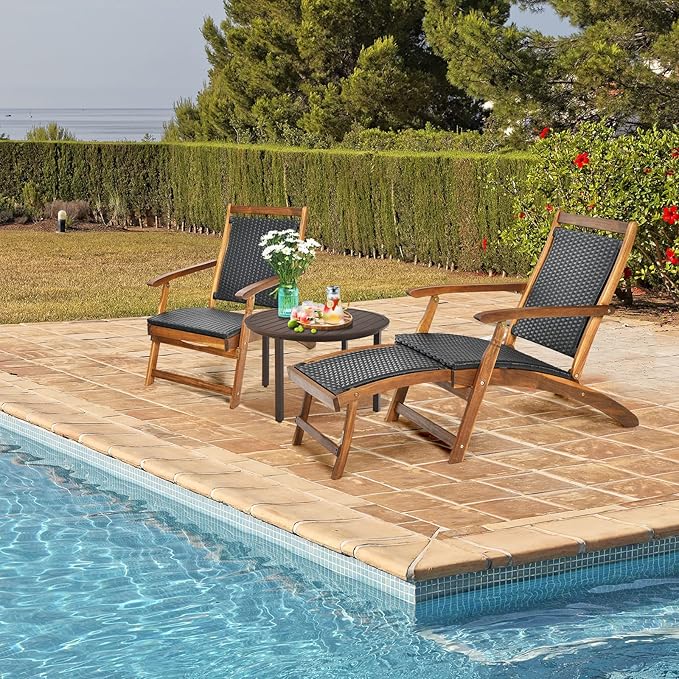 HAPPYGRILL Acacia Wood Chaise Lounge With Retractable Footrest - Rattan Wicker Folding Collapsible Chair for Poolside - Photo 4